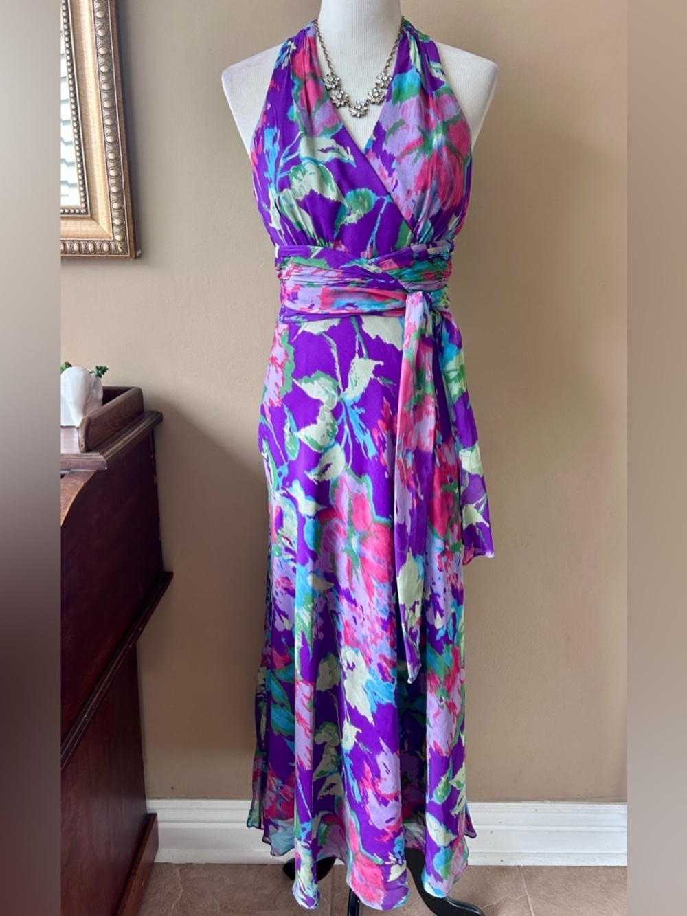 Coldwater Creek Purple Floral Silk Maxi Dress Size 8
